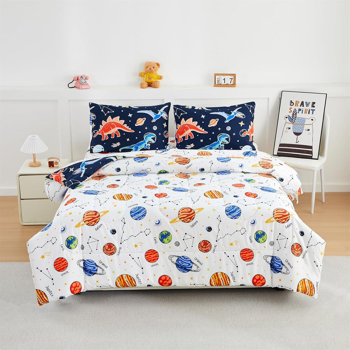NTBED 5Pcs Glow in The Dark Kids Comforter Set Dinosaur Twin Bedding Set