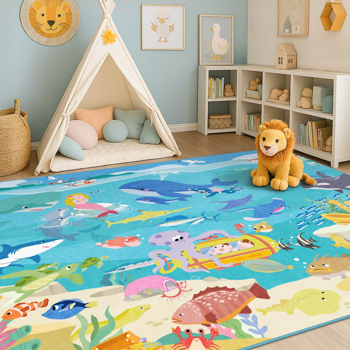 Hazo Haus Washable Kids Playroom Rug – 5x7 Play Rug for Preschool Toddlers, Girls, Educational with Cute Animals – Non-Slip, Stain Resistant, Soft & Safe for Bedroom, Play Room and Classroom - Blue