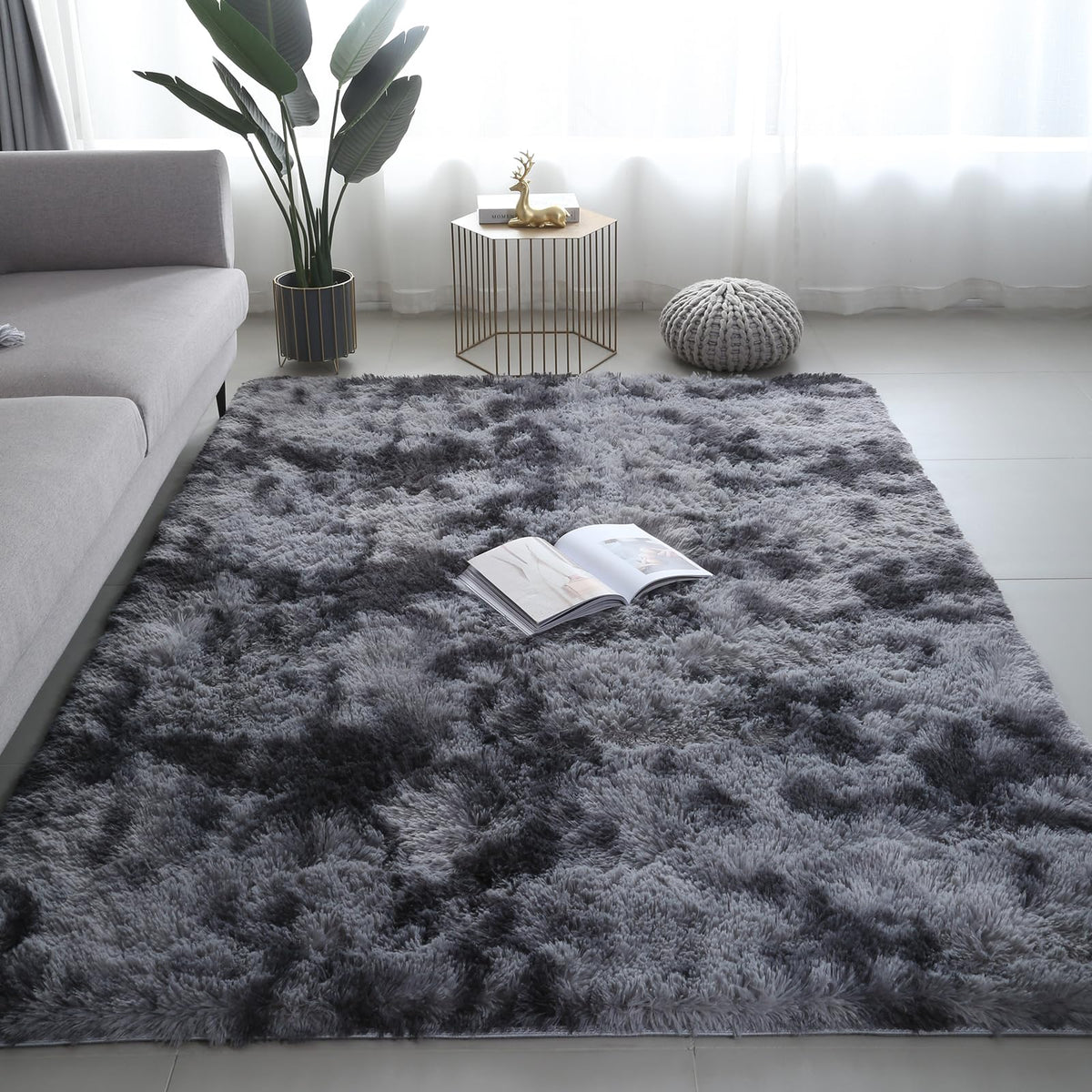 Shag Area Rugs for Bedroom Living Room,4X6 Ultra Soft Fluffy Area Rugs for Dorm,Indoor Carpet Plush Rugs for Home Decor,Tie-Dye Grey