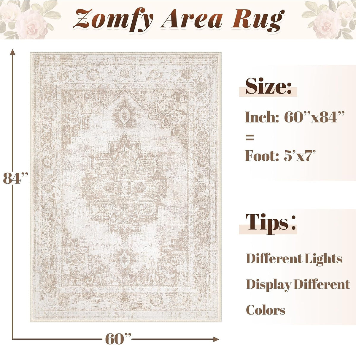 Area Rug 5x7 Vintage Rug: Washable Indoor Medallion Rugs Low Pile Distressed Floor Carpet Retro Accent Rug for Living Room Bedroom Kitchen Dining Table Home Office(Beige, 5'x7')