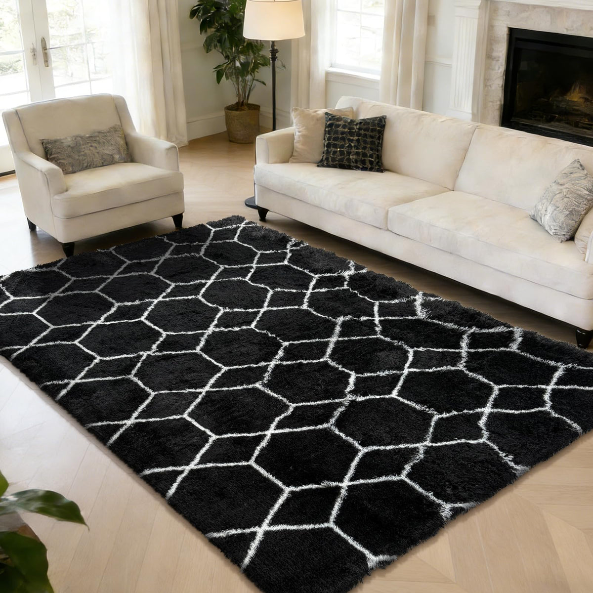 5x8 Shag Area Rug for Bedroom,Grey and Black Fluffy Rugs for Living Room