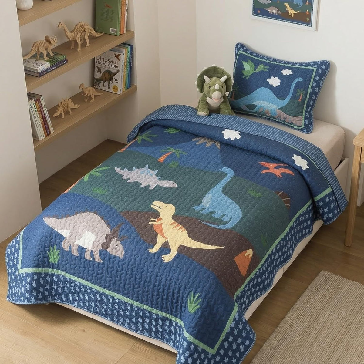 Soul & Lane - Dinosaur Quilt Set, Kids Dino Bedding, Twin with 1 Sham