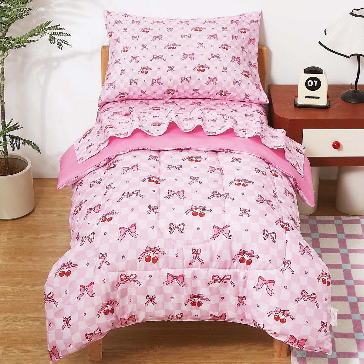 lasoftan Butterfly Toddler Bedding Set for Girls, 4 Piece Bed-in-a-Bag Toddler Comforter Sets, Super Soft Comforter Sheet Set and Comfortable Microfiber Toddler Bed Set