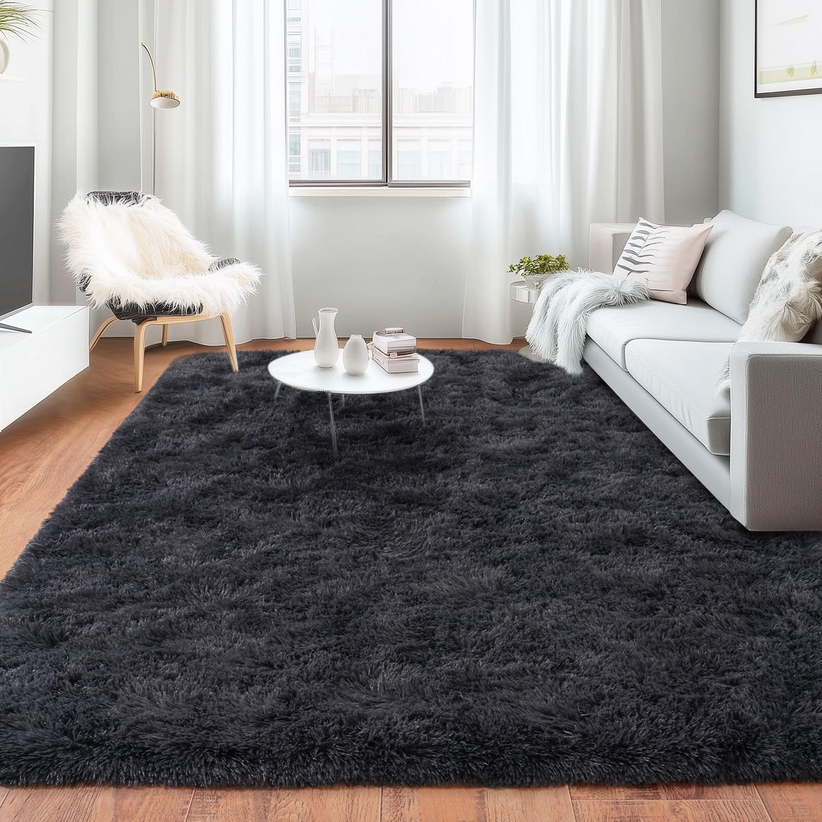 Black Rug for Bedroom, Soft Shaggy Modern Shag 4x6 Area Rugs for Living Room, Upgrade Non-Slip Plush Fluffy Carpet for Kids Boys Girls Room Dorm Home Decor Aesthetic