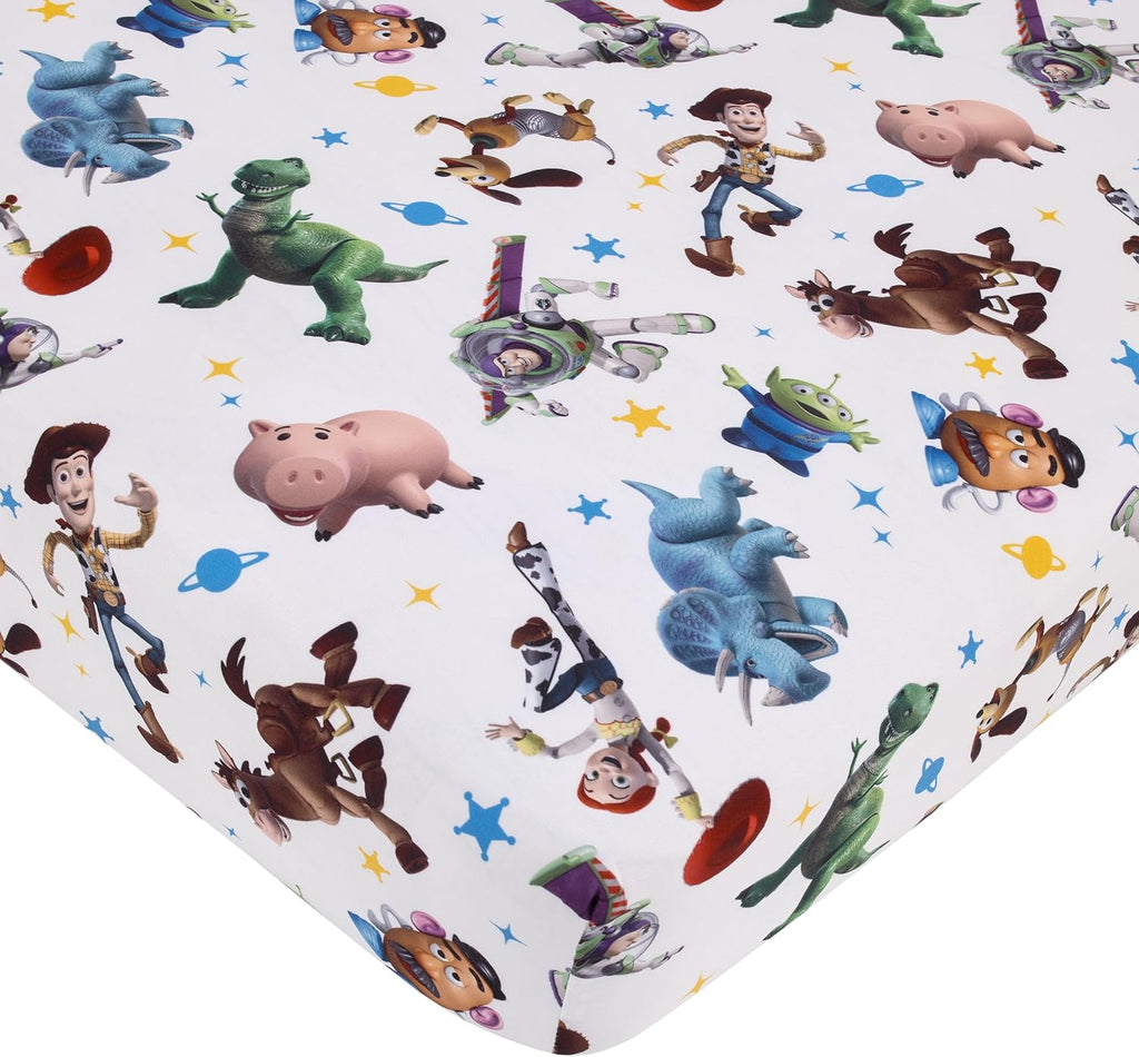 NoJo Disney Toy Story Taking Action Blue, Green and Yellow 4 Piece Toddler Bed Set - Comforter, Fitted Bottom Sheet, Flat Top Sheet, and Reversible Pillowcase