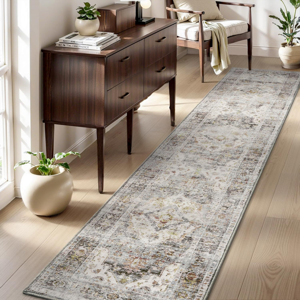 AMOAMI-Area Rug 5X7 Rugs for Living Room-Vintage Soft Beige Rugs for Bedroom-Non Slip Carpet-Machine Washable Rug for Dining Room Living Room Bedroom Office Under Table-Beige