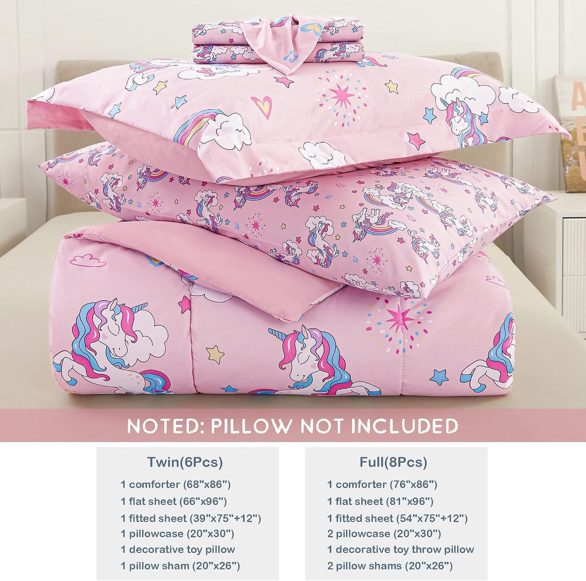 Mooreeke Kids Twin Comforter Sets for Girls 6 Pieces Pink Unicorn Bedding Set for Teens Soft Microfiber Kids Bed in A Bag with Comforter, Sheet Set, Shams and Decorative Toy Pillow All Season
