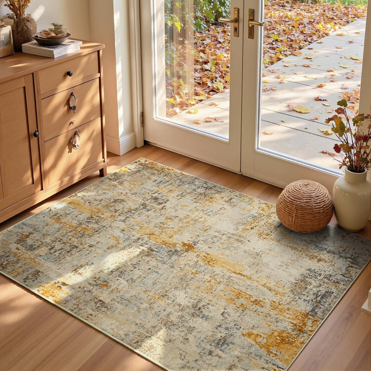 Living Room Rug 5x7 Gray Area Rug Machine Washable Boho Rug Non Slip Abstract Vintage Indoor Large Rugs for Bedroom, Classroom, College Dorm, Farmhouse, Dining Room, Kids Playroom