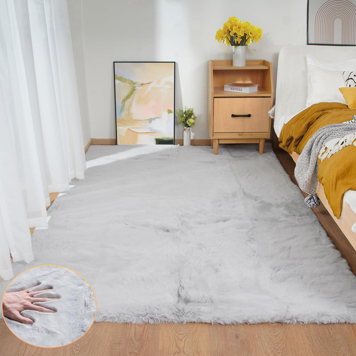 ORINOVA Beige Faux Sheepskin Rabbit Fur Shaggy Rugs for Bedroom Small Shag Washable Fluffy Fur Rug for Living Room Rug 2x3 Nursery Rectange Rugs