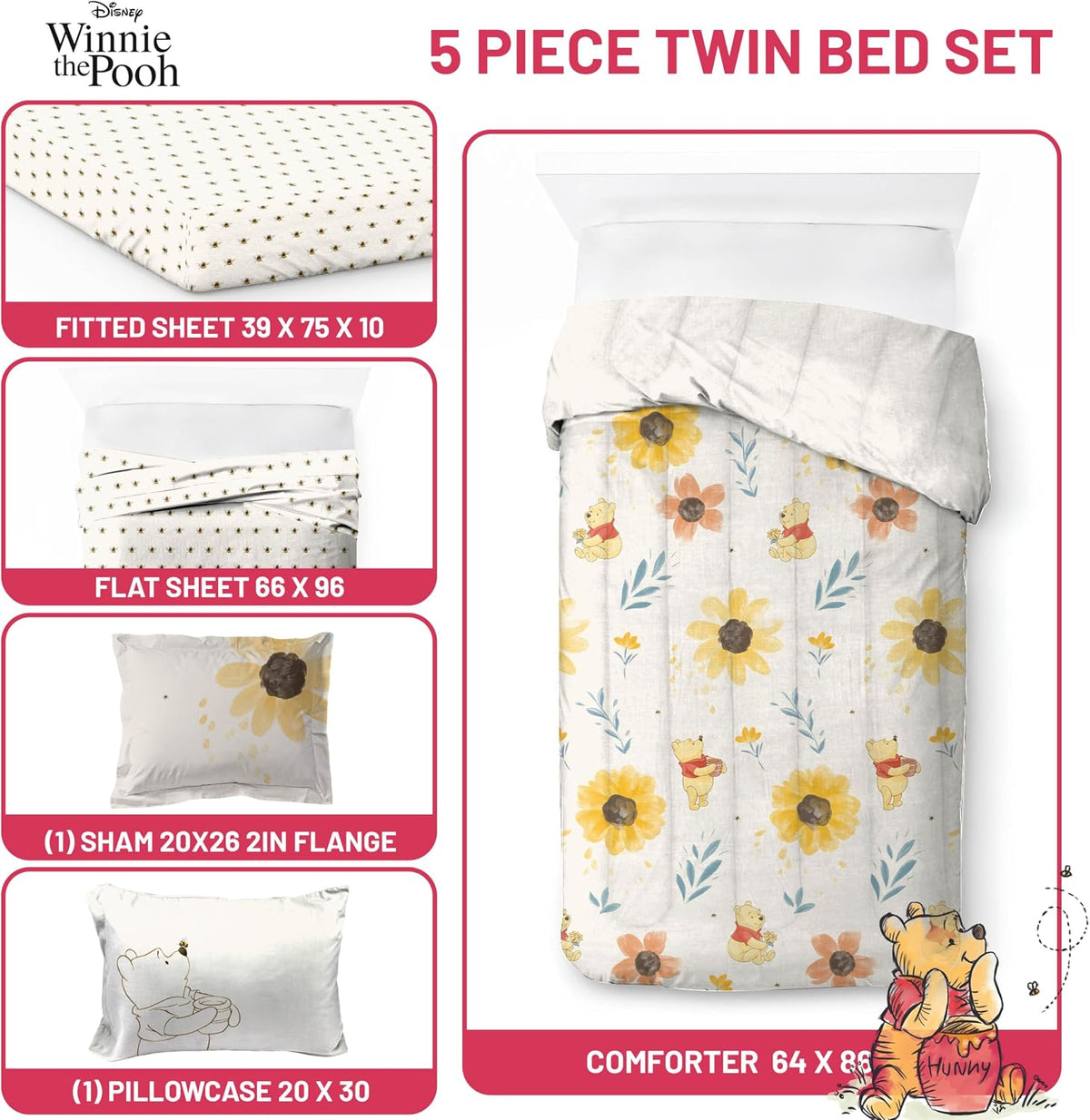 Disney Winnie The Pooh Twin Comforter Set 5 Piece Cartoon Bedding, Beige