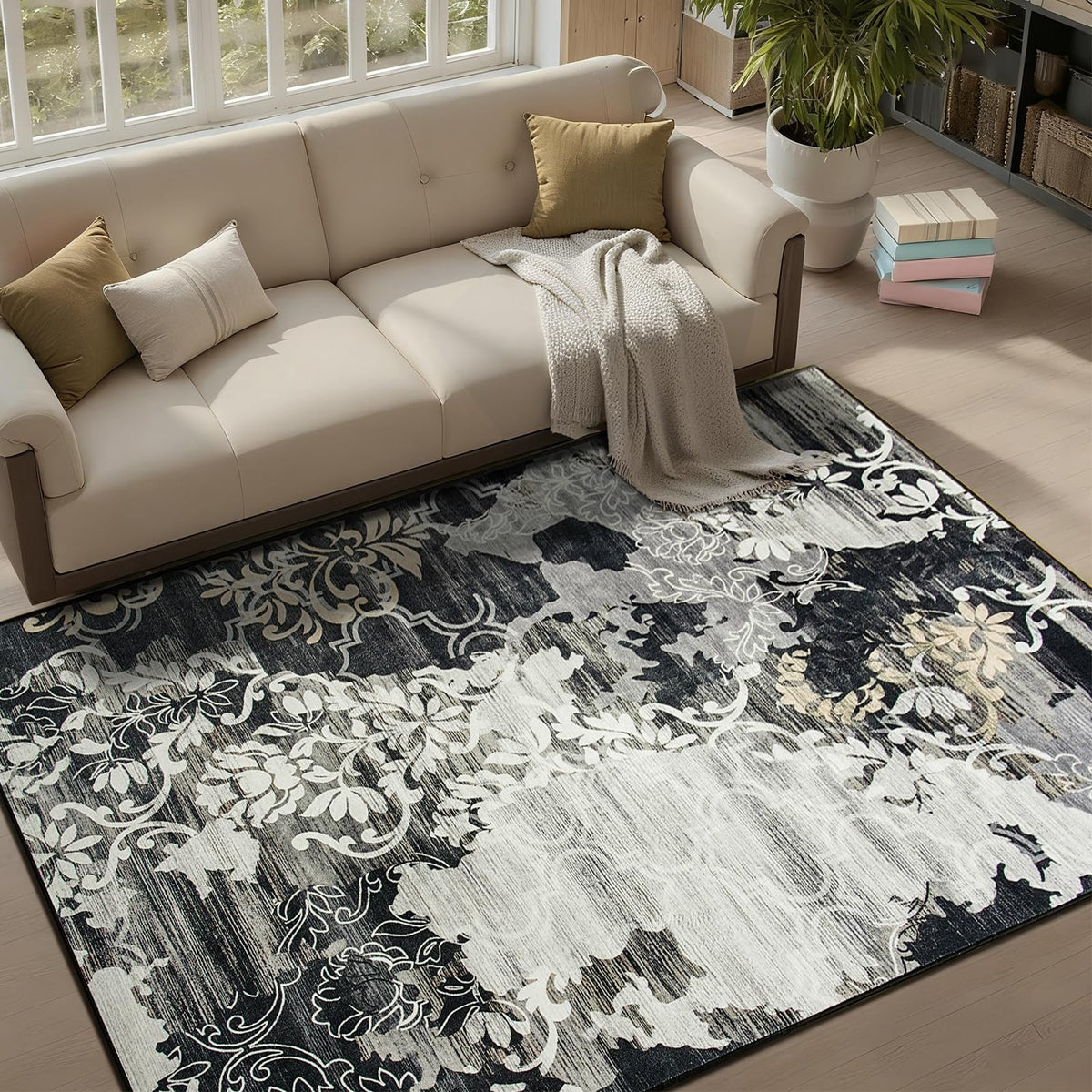 CRYPTOLITE Abstract Area Rug Washable Rug with Non-Slip Backing Low Pile Area Rugs for Living Room,Bedroom,Dining Room,4x6, Gold&Grey