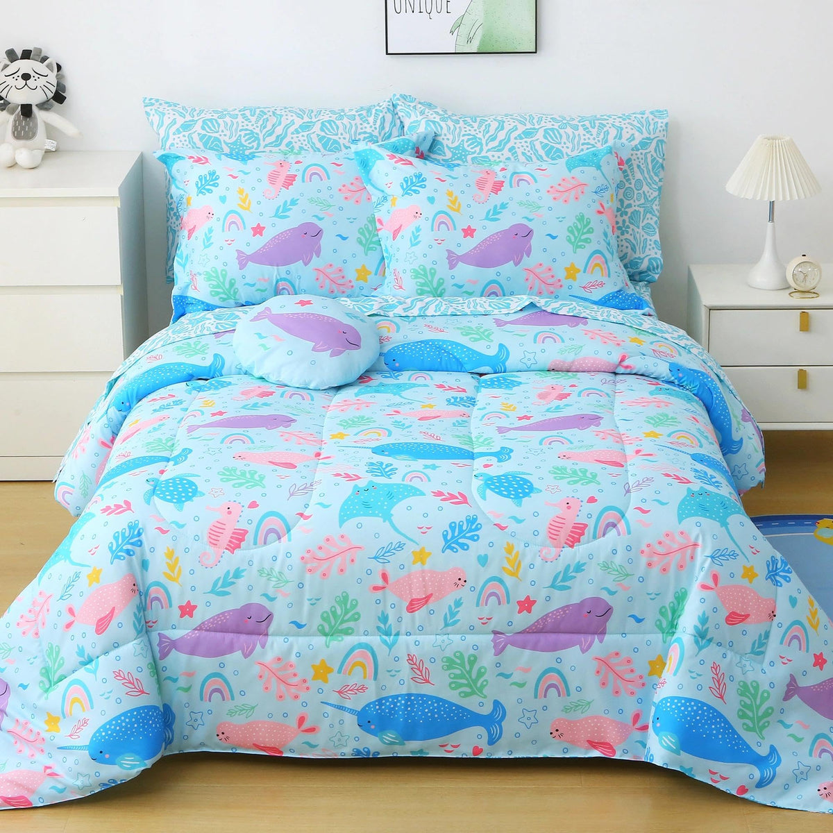 Mooreeke Kids Twin Comforter Sets for Boys 6 Pieces Truck Blue Bedding Set for Teens Soft Microfiber Kids Bed in A Bag with Comforter, Sheet Set, Shams and Decorative Toy Pillow All Season