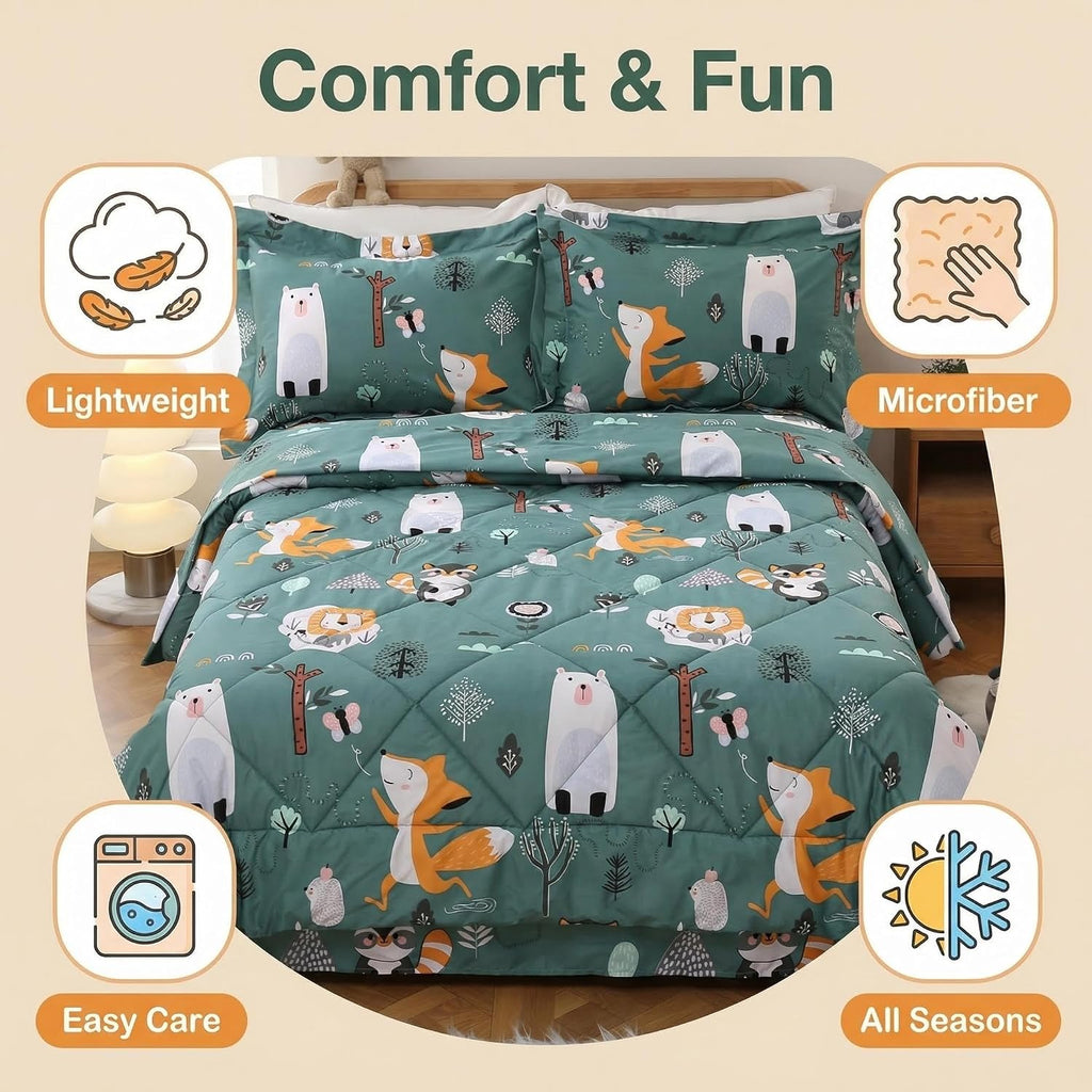 JSD Green Forest Animal Kids Comforter Set Twin Size