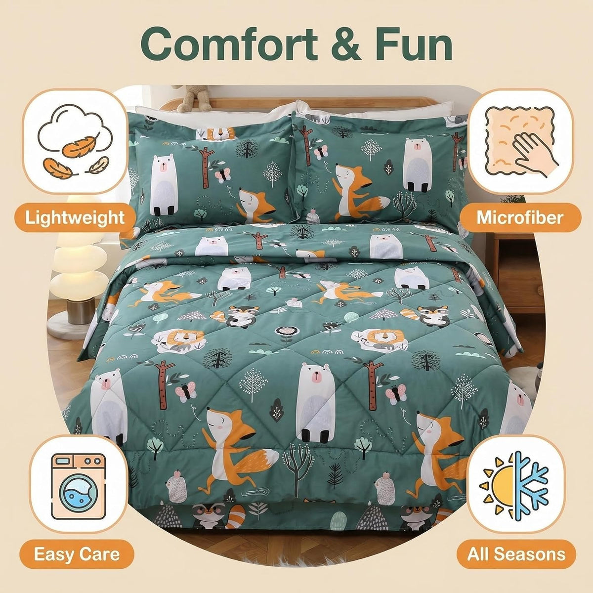JSD Green Forest Animal Kids Comforter Set Twin Size