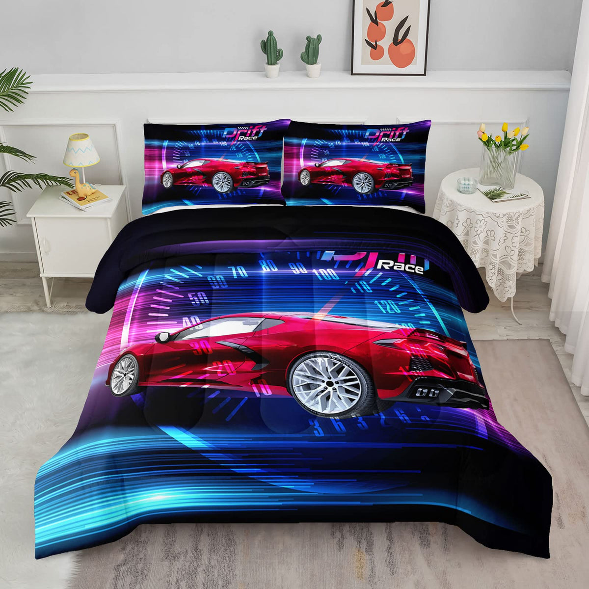 Axolotl Kid Comforter Set Twin Size,Racing Car Bedding Set for Boys Girls Teen Kids Children Racing Gifts,Race Cars Quilt Bed Set with 1 Comforter 2 Pillowcases,Red Grey
