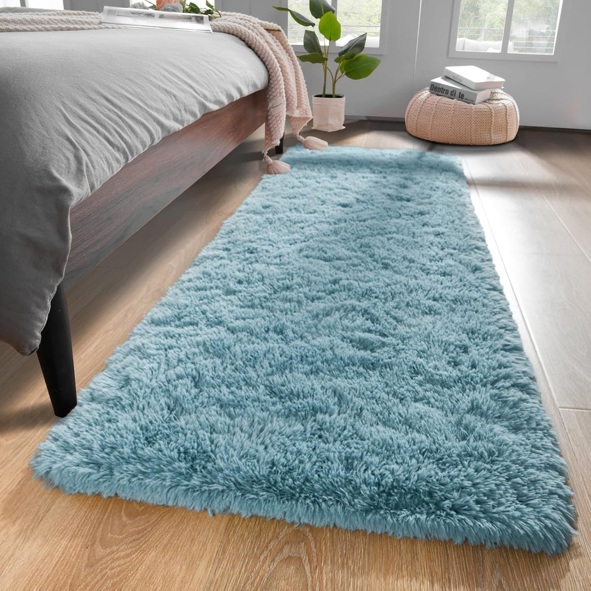 YJ.GWL Shag Runner Rug Non Slip for Bedroom Living Room Soft Small Rugs for Dorm, 2x6 Feet Grey Plush Carpet Runner for Nursery Dorm, Fuzzy Bedside Rug for Kids Boys Girls Room Home Decor
