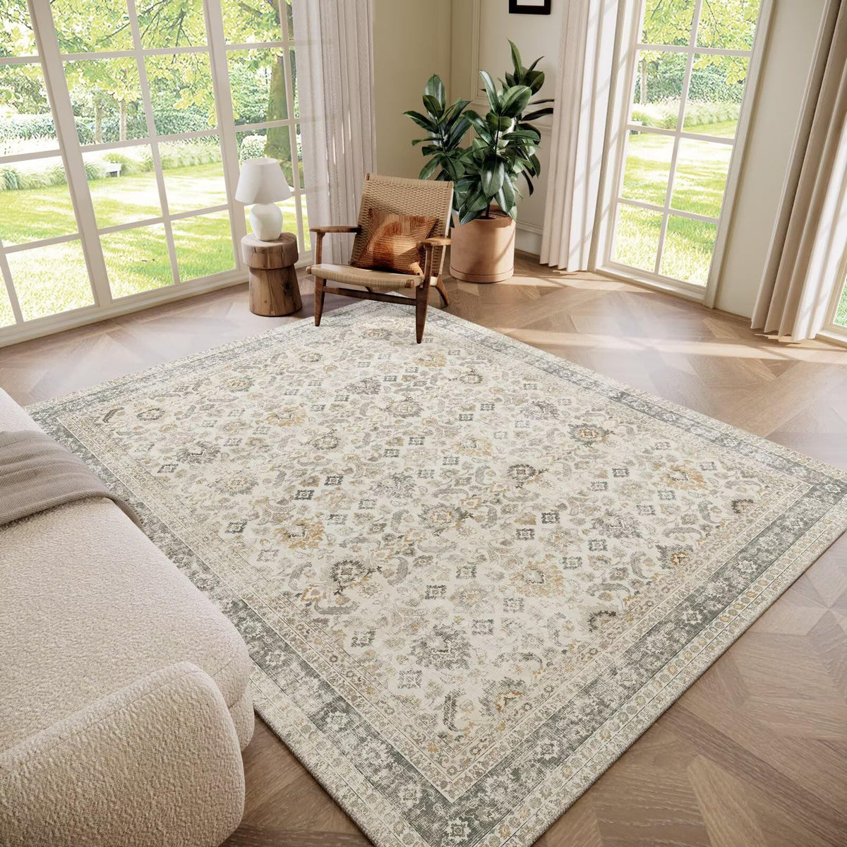 Washable 10x14 Area Rugs for Living Room, Ivory/Sage Gold