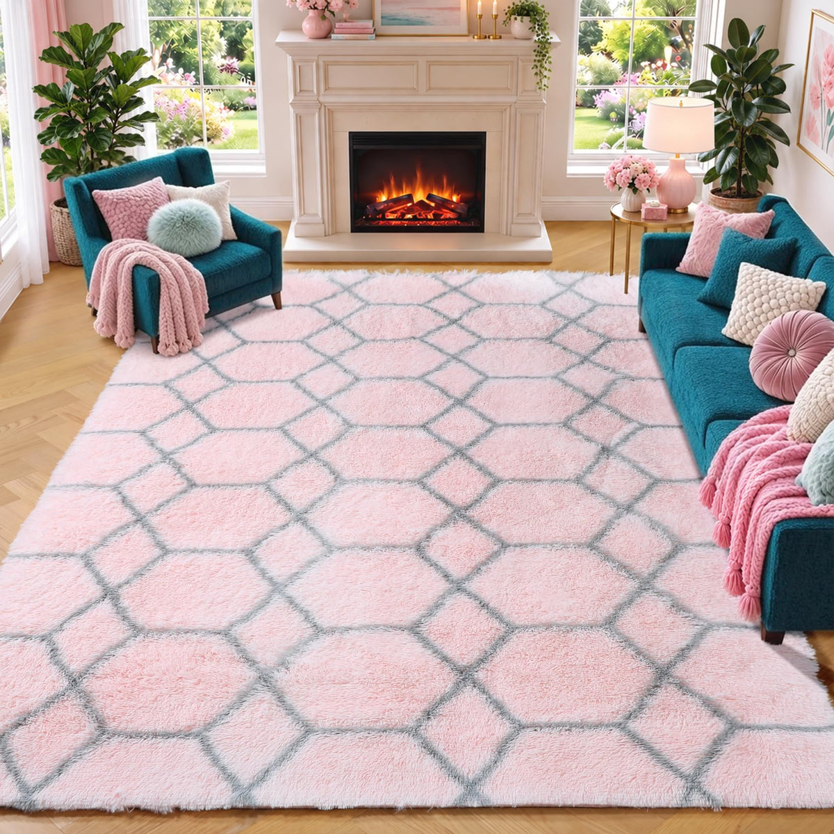 Area Rugs for Bedroom Living Room, 4x6 Fluffy Grey and Black Geometric Rug