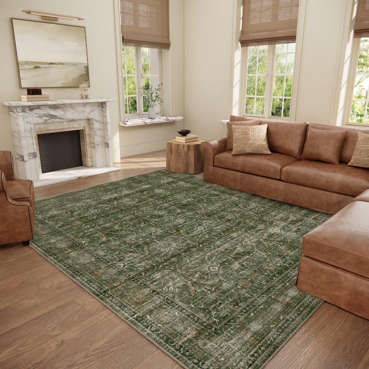 Washable 10x14 Area Rugs for Living Room, Ivory/Sage Gold