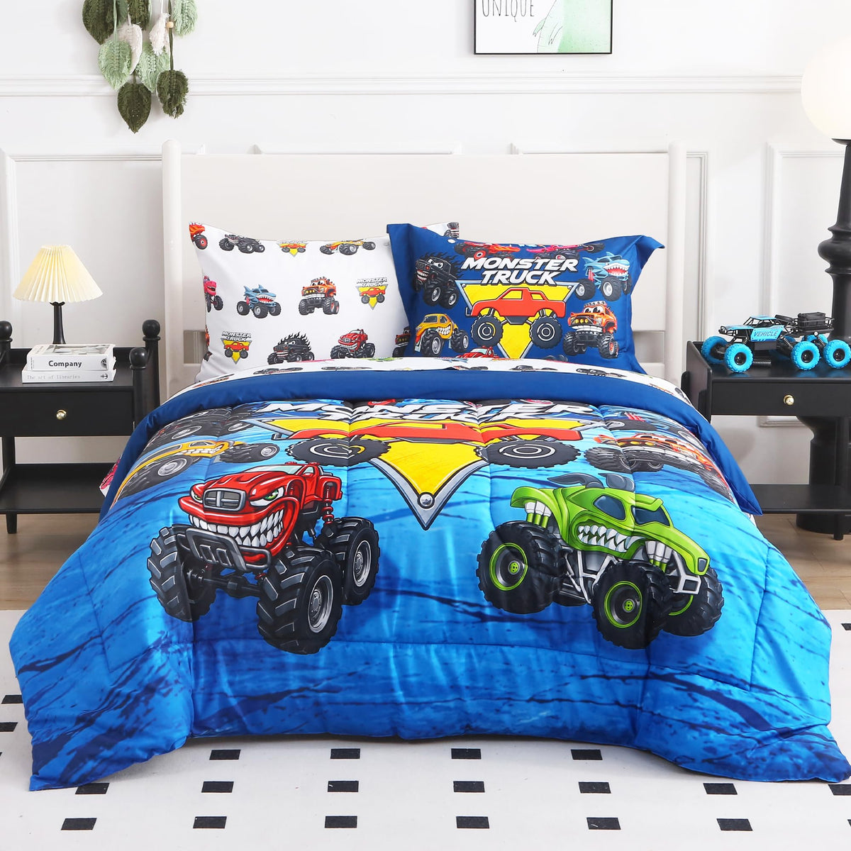 lasoftan Kids' Monster Truck Bedding Set, 7-Piece Soft Fluffy Bed-in-a-Bag with Comforter, Fitted Sheet, Flat Sheet, Pillowcase, Pillow Sham, Deep Pocket 15", All-Season, Monster Jam, Full