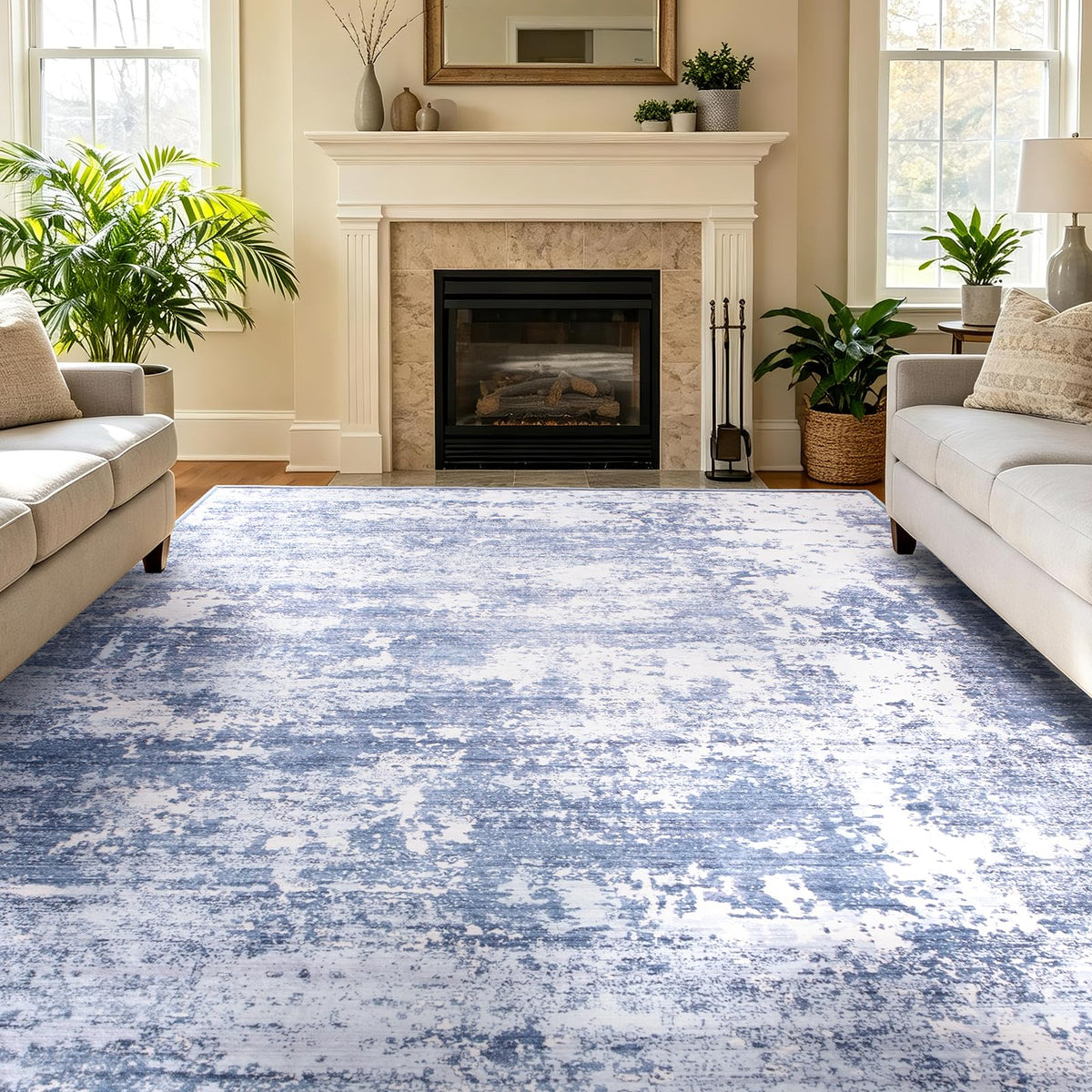 5x7 Area Rugs Living Room Rug Abstract Washable Rug Non-Slip Soft Low Pile Indoor Floor Stain Resistant Thin Carpet for Bedroom Dining Room Home Office Farmhouse Nursery - Light Gray & Cream 5' x 7'