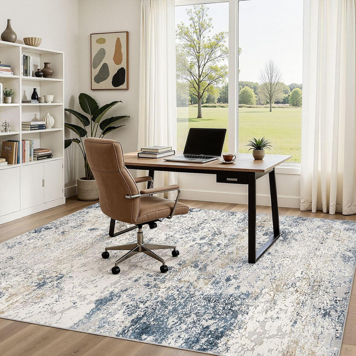 DMOYEST Area Rug Living Room Rugs 5x7 Washable Abstract Beige Blue Carpet
