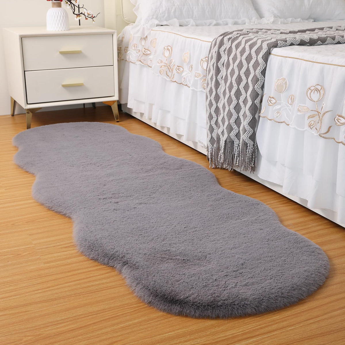 Fluffy Faux Rabbit Fur Rug 2'x6ft Beige Non-Slip Washable Mat Bedroom Living Room