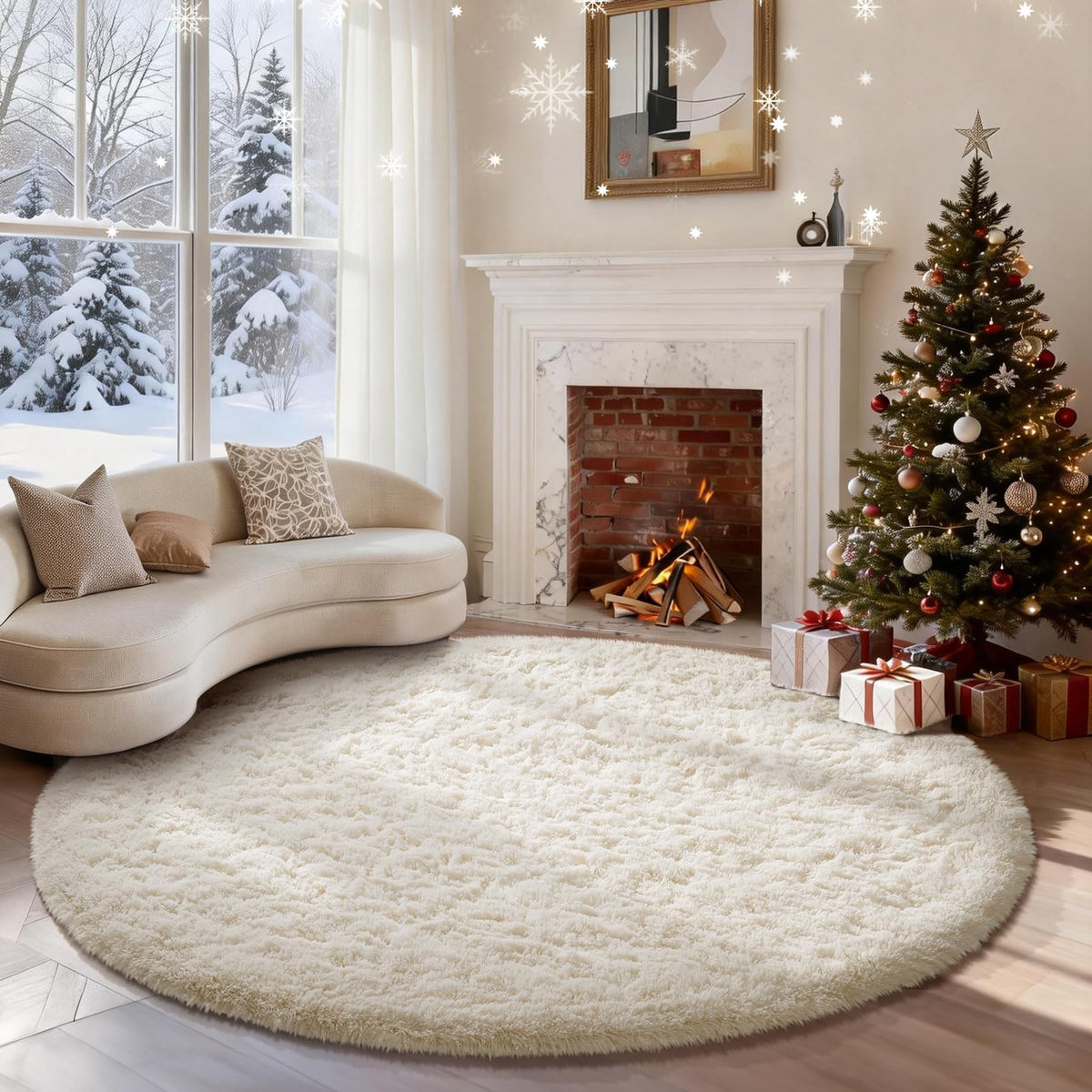 Ophanie Round Rugs 5Ft Ivory Circle Area Rug,Baby Nursery Living Room Bedroom Decor Circular Carpet 5 Foot,Fluffy Fuzzy Shag Plush Cream for Kids Boys Girls Teen with Over 99 pcs Pile fibers