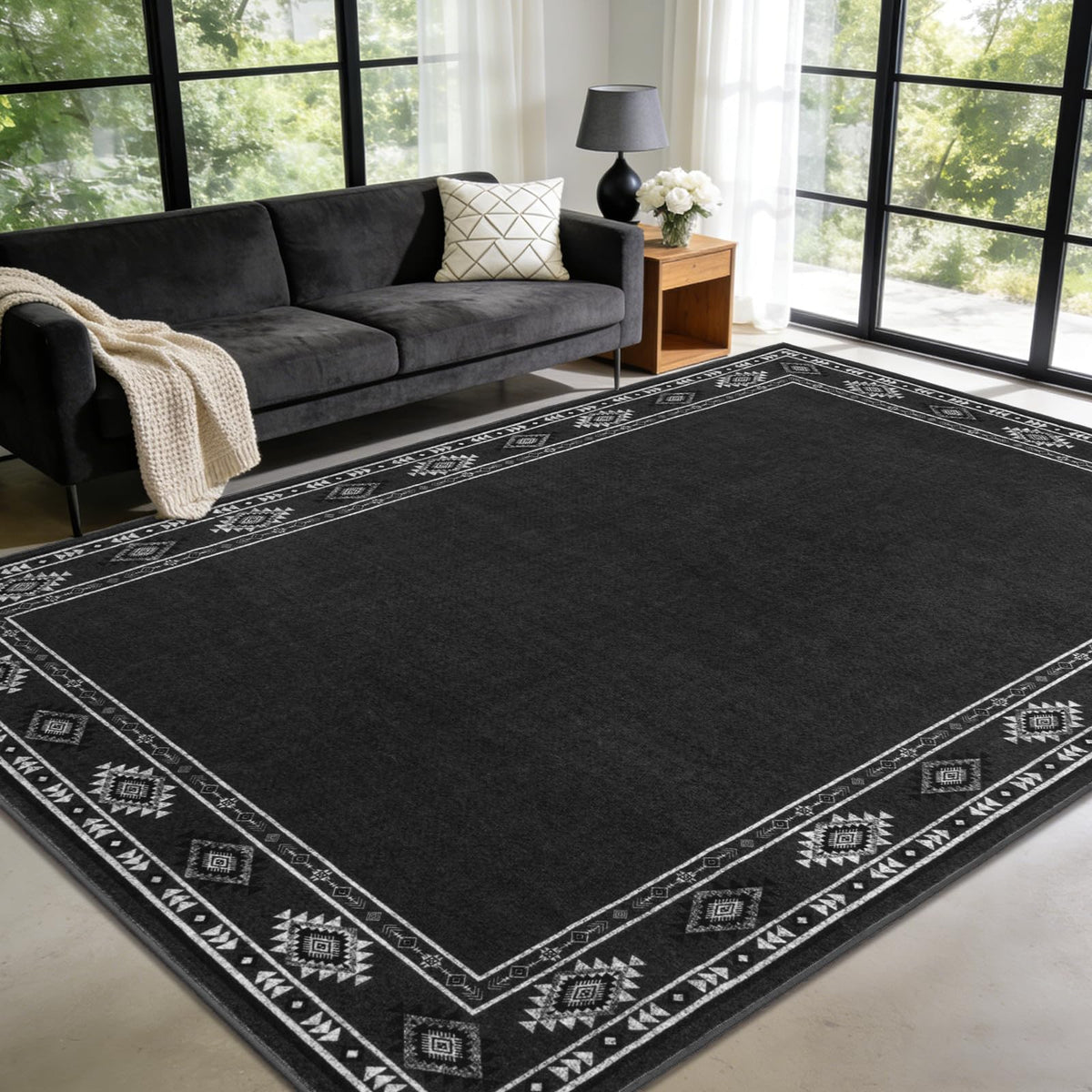 Large Geometric Area Rugs for Living Room Bedroom 4x6 Dark Grey Rug
