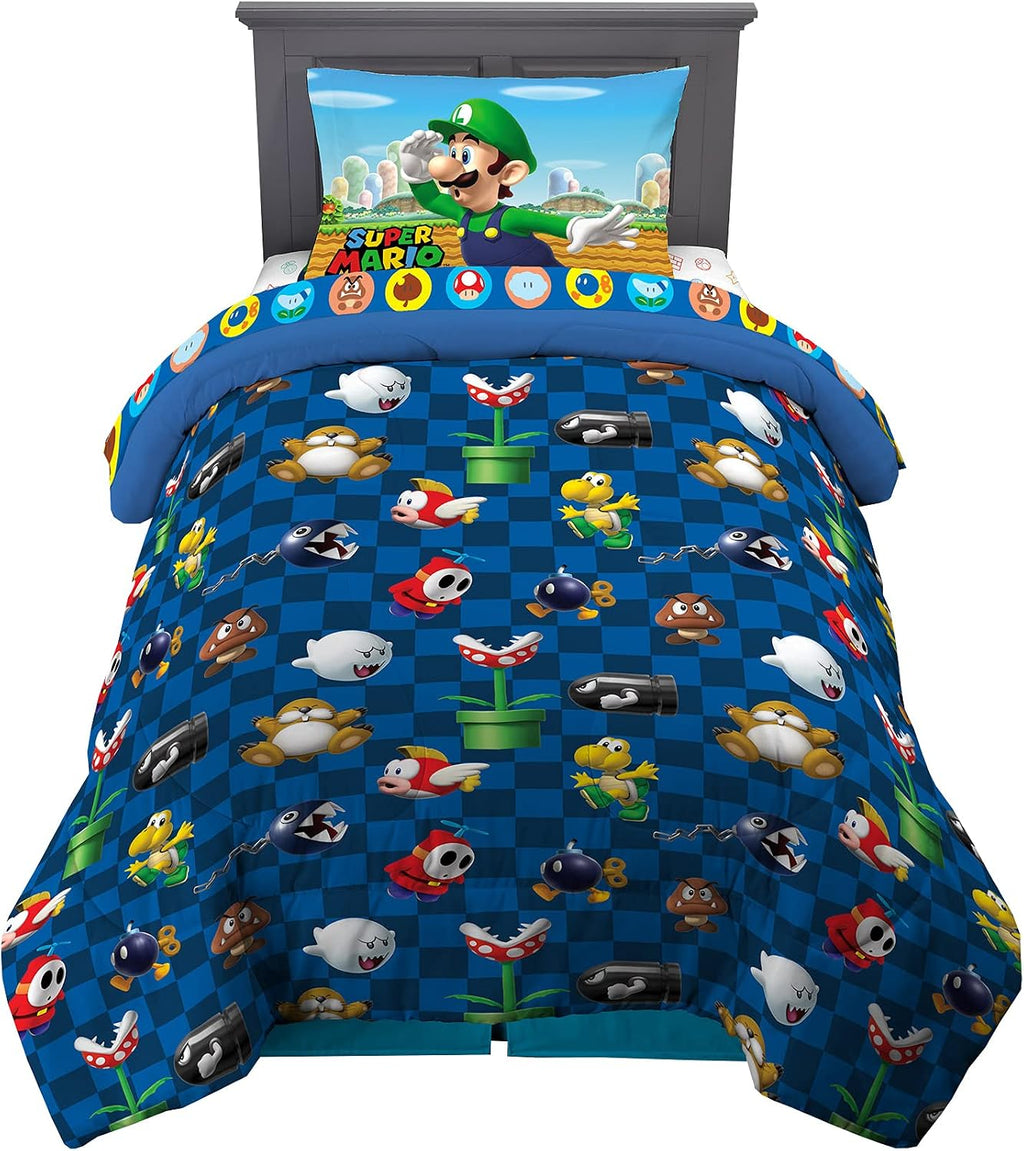Super Mario Kids Twin Size Bedding, 4 Piece Super Soft Cozy Reversible Comforter and Sheet Set, (Officially Licensed Product) By Franco