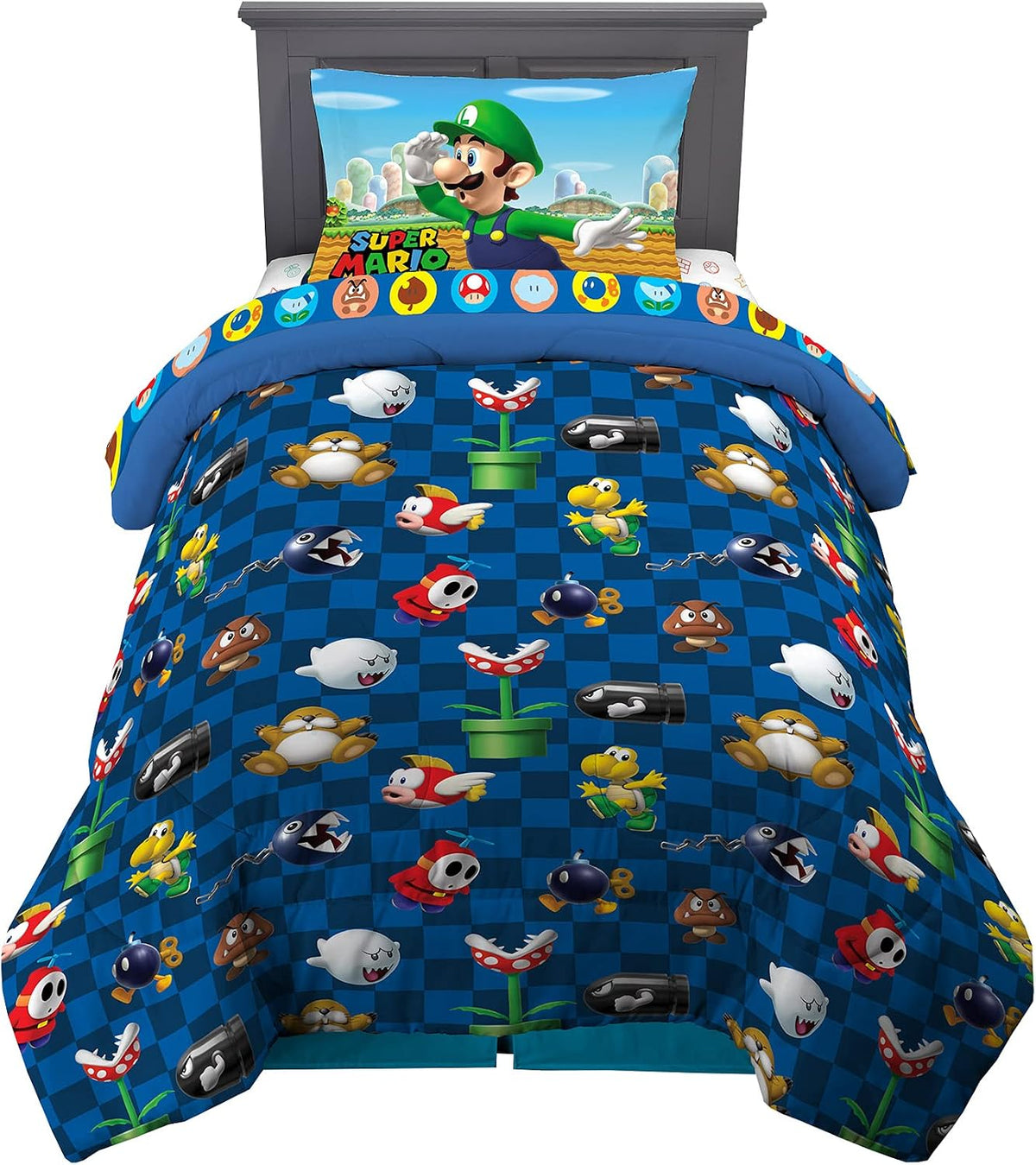 Super Mario Kids Twin Size Bedding, 4 Piece Super Soft Cozy Reversible Comforter and Sheet Set, (Officially Licensed Product) By Franco