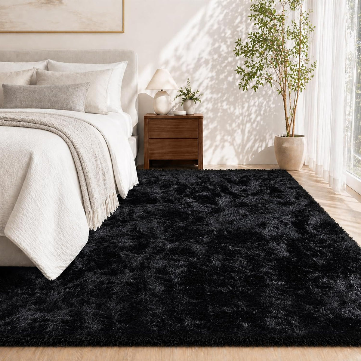 Tosuoka 4x6 Area Rugs for Bedroom, Soft Fluffy Shag Thick Black Rug