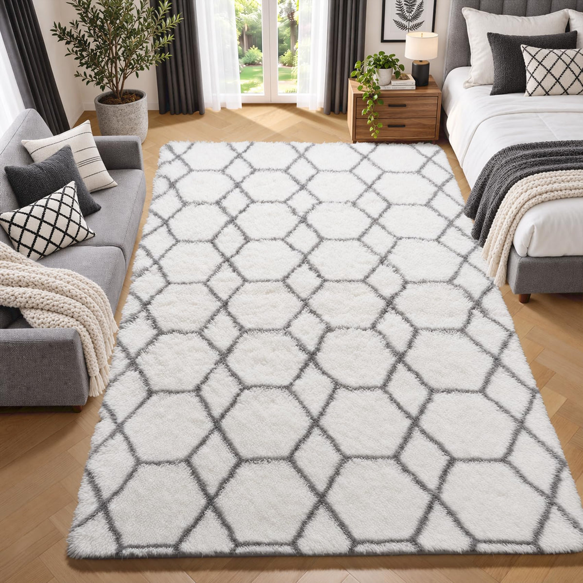 Area Rugs for Bedroom Living Room, 4x6 Fluffy Grey and Black Geometric Rug