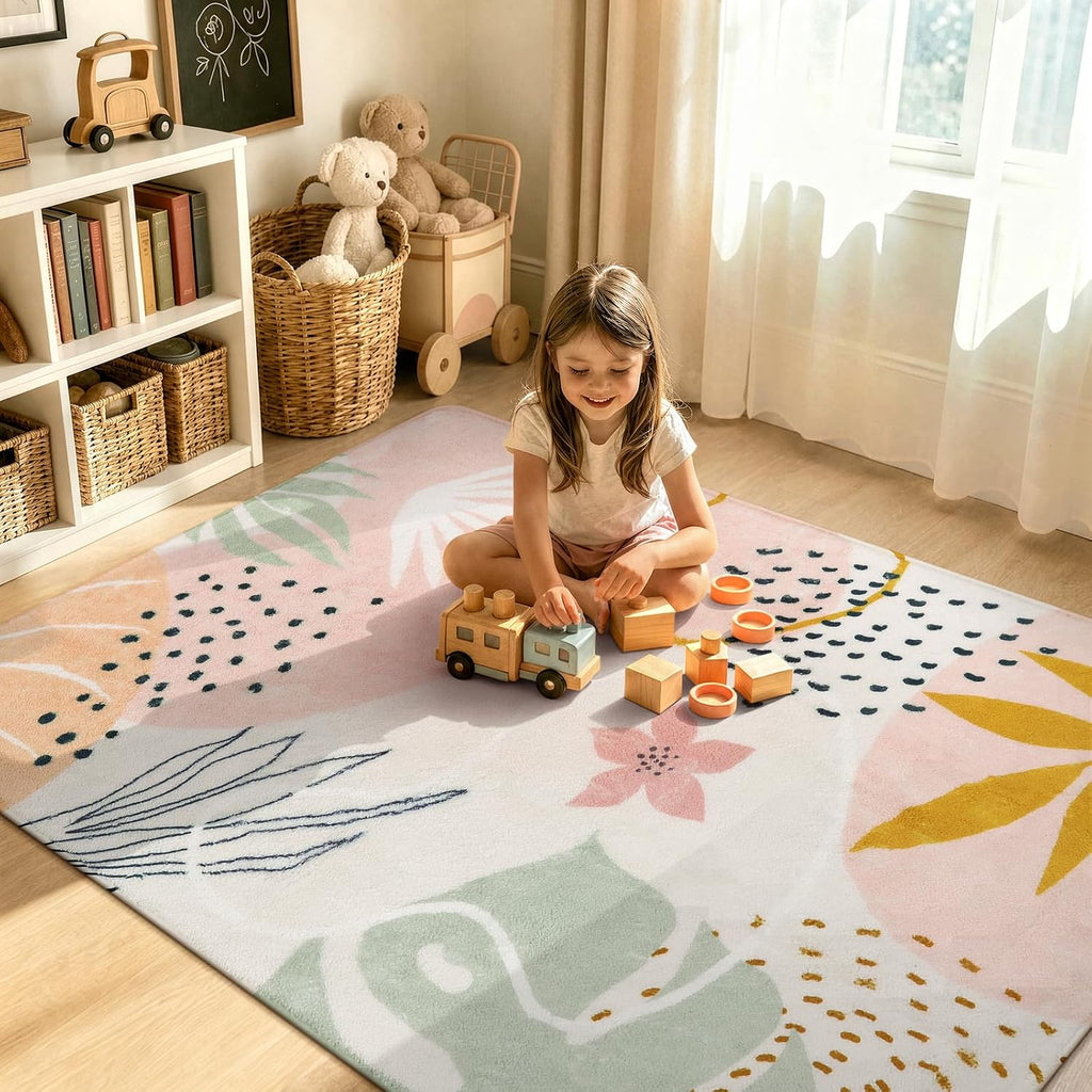 Lahome Pink Boho Nursery Rug 4x6, Washable Non Slip Soft Botanical Area Rug for Girls Bedroom Kids Room Playroom Dorm Apartment Decor
