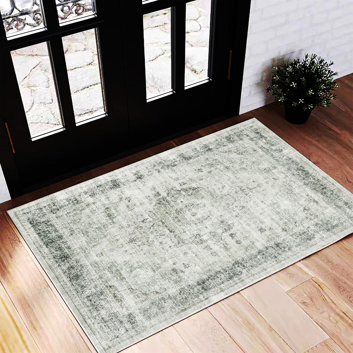 CHAMPLANT Area Rug 4x6 Washable Rug Gray Vintage Traditional Floor Cover Foldable Thin Retro Accent Indoor Distressed Non Slip Carpet Floral Print Mat Bedroom Living Room Bathroom