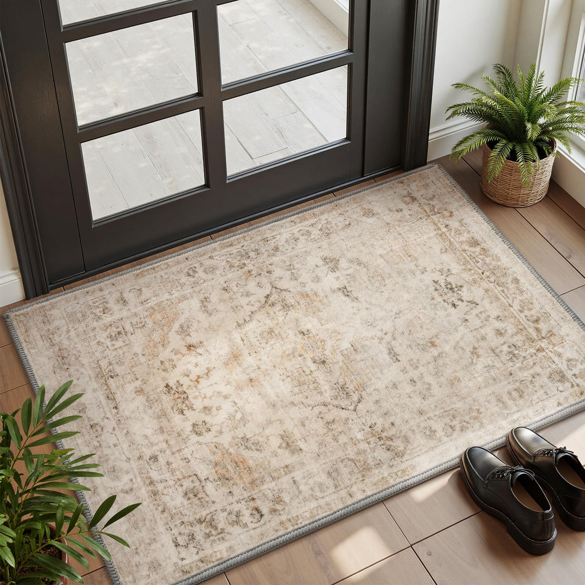 AMOAMI-Area Rug 5X7 Rugs for Living Room-Vintage Soft Beige Rugs for Bedroom-Non Slip Carpet-Machine Washable Rug for Dining Room Living Room Bedroom Office Under Table-Beige