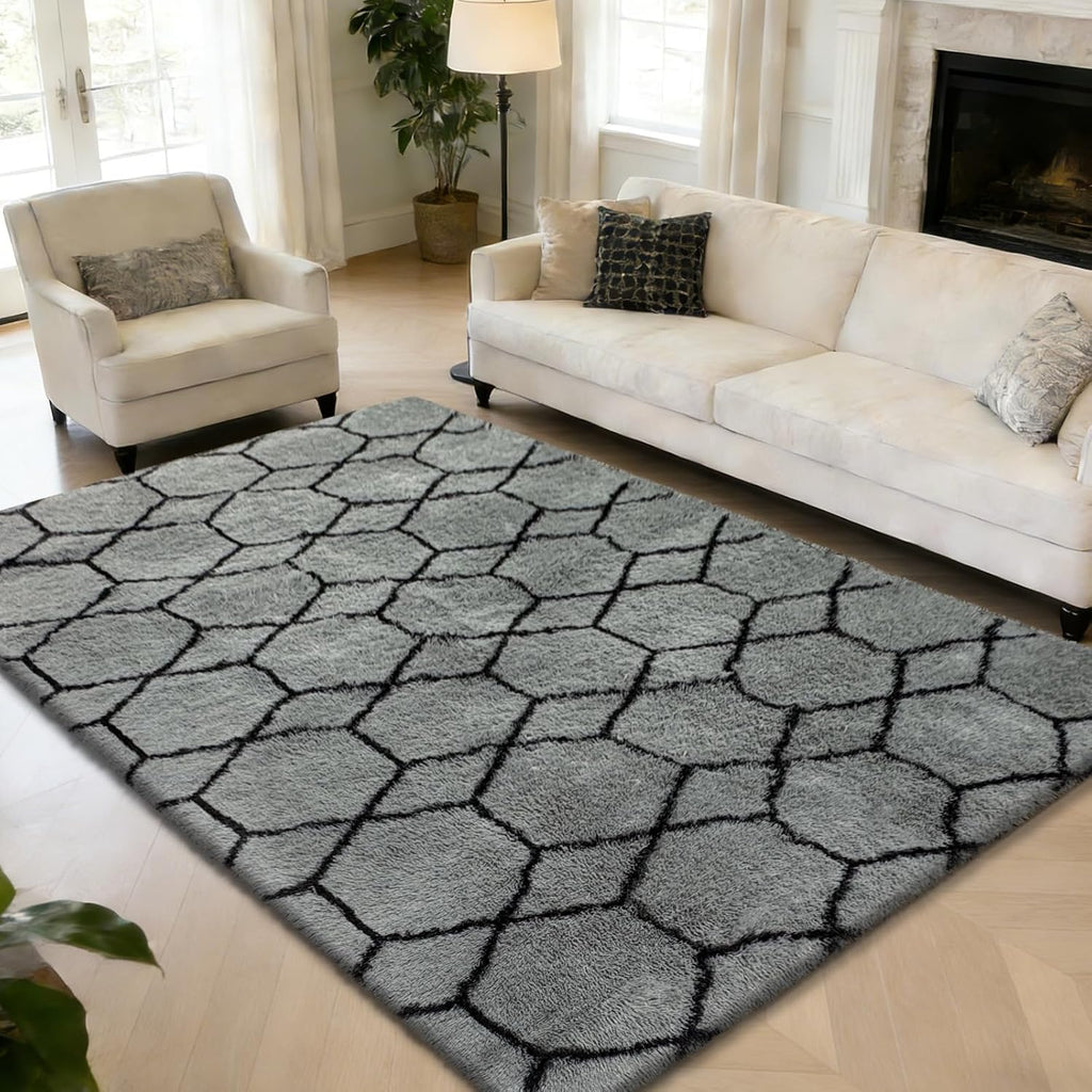 5x8 Shag Area Rug for Bedroom,Grey and Black Fluffy Rugs for Living Room