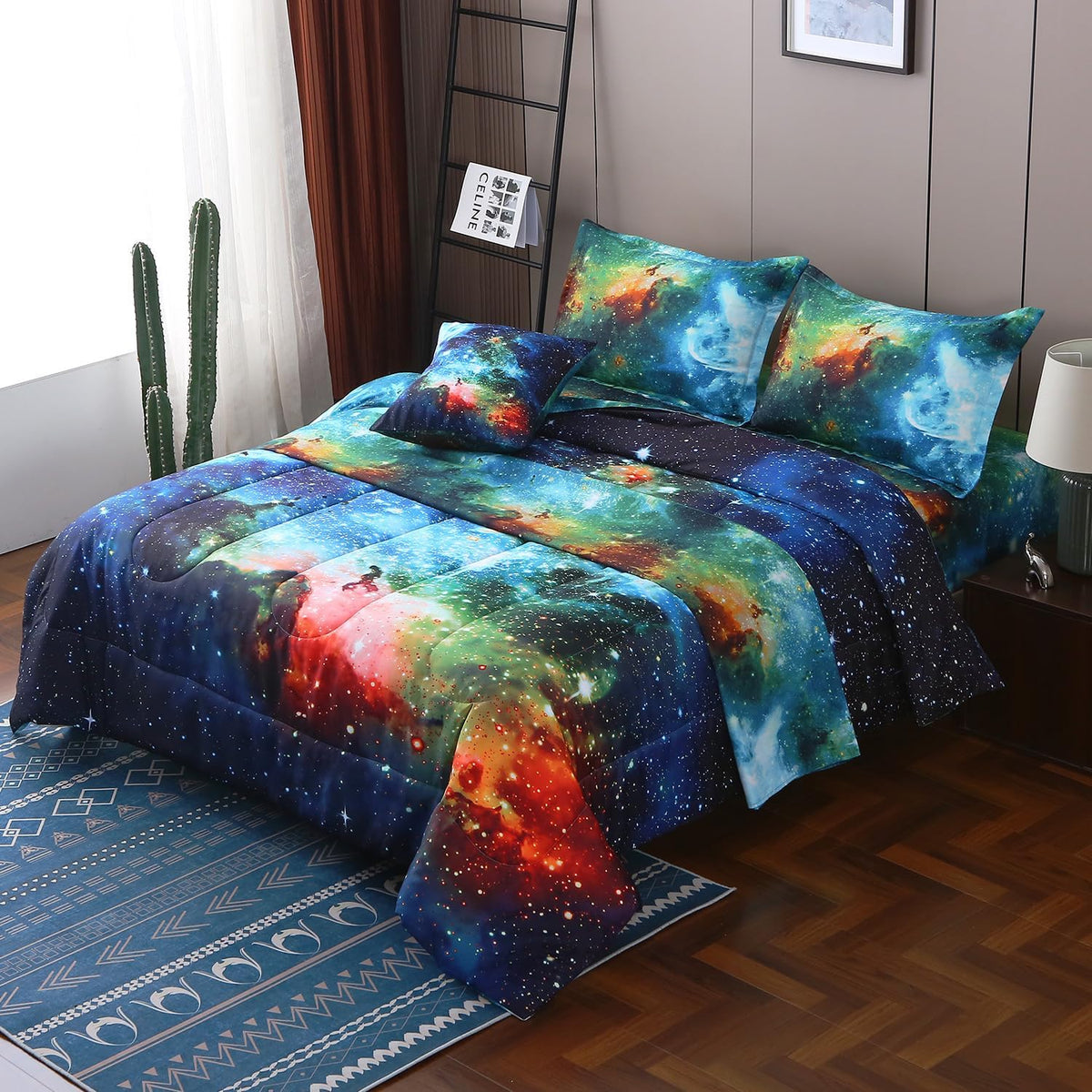 JQinHome Twin Galaxy Comforter Sets 6 Piece Bed in A Bag, Outer Space Themed Bedding for Children Boy Girl Teen Kids,1 Comforter, 1 Flat Sheet, 1 Fitted Sheet, 2 Pillowshams, 1 Cushion Cover(Blue)