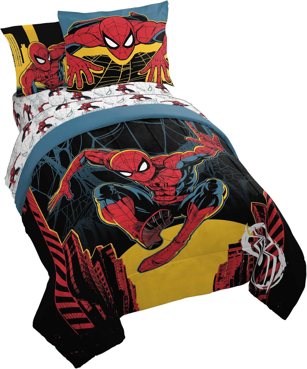 Jay Franco Kids Comforter Set Includes Sheets and Pillow Covers - Soft and Cozy Bed Set for Stylish Room Decor, Official Licensed Bedding, Black - Spiderman, 5 Piece Twin