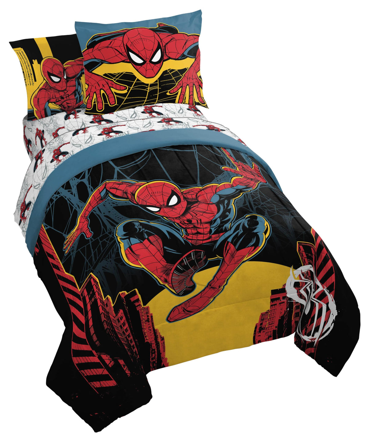Jay Franco Kids Comforter Set Includes Sheets and Pillow Covers - Soft and Cozy Bed Set for Stylish Room Decor, Official Licensed Bedding, Black - Spiderman, 5 Piece Twin