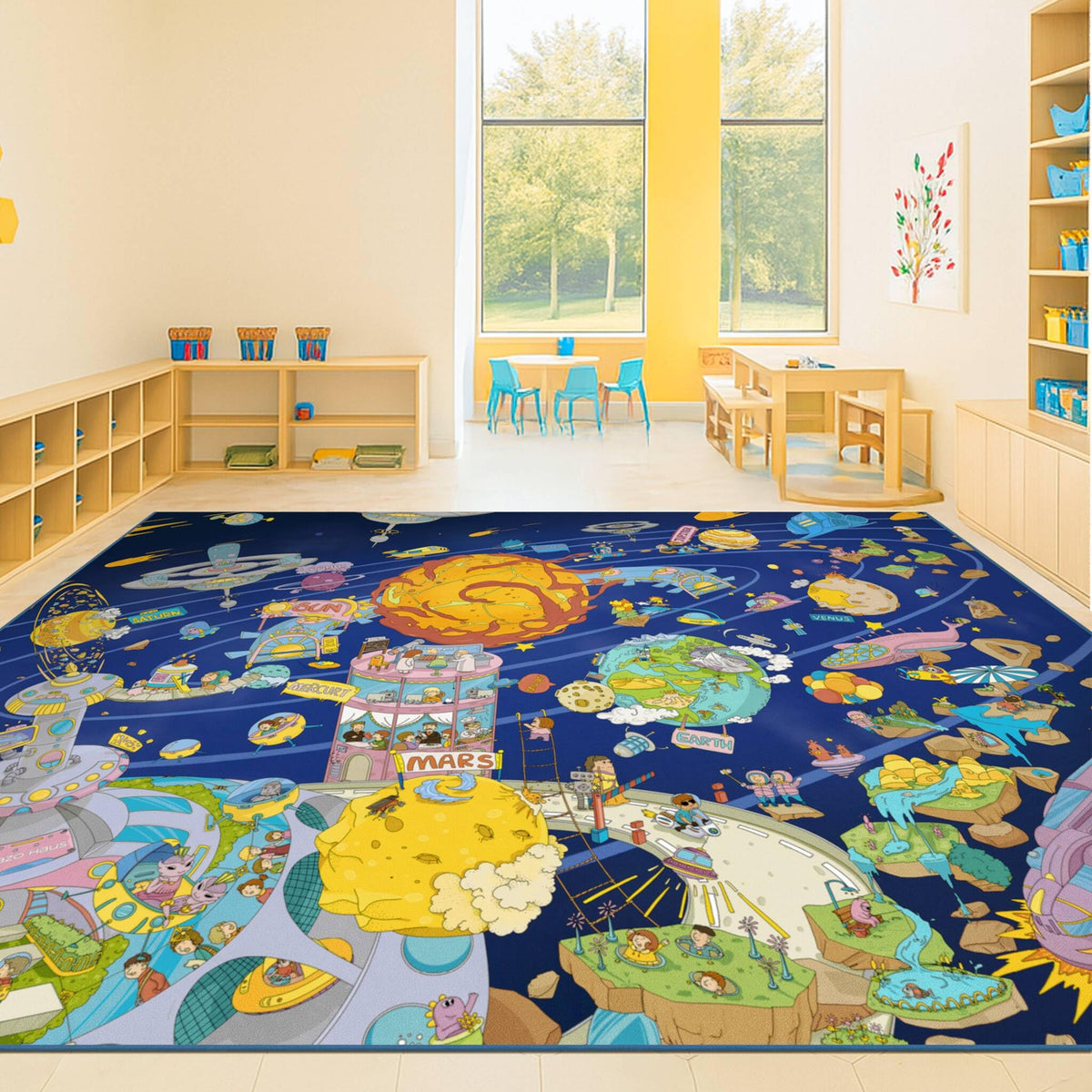 Hazo Haus Washable Kids Playroom Rug – 5x7 Play Rug for Preschool Toddlers, Girls, Educational with Cute Animals – Non-Slip, Stain Resistant, Soft & Safe for Bedroom, Play Room and Classroom - Blue