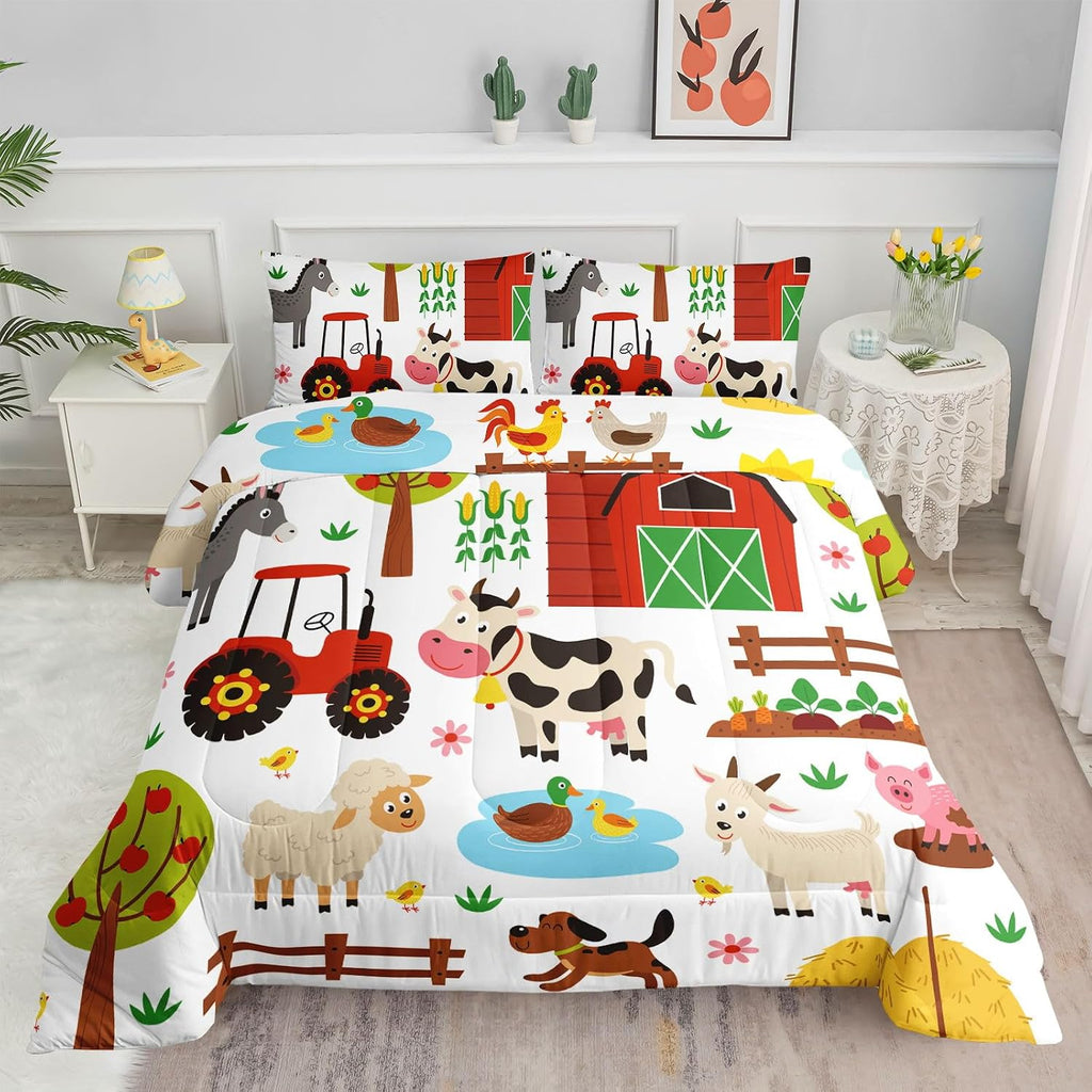 Kids Comforter Set Farm Theme Printed Pattern Bedding Set with 1 Comforter and 2 Pillowcases for Girls Boys Bedroom All Season(Farm Theme01 Twin)
