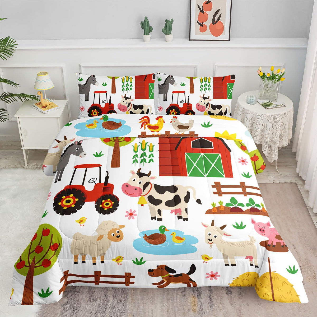 Kids Comforter Set Farm Theme Printed Pattern Bedding Set with 1 Comforter and 2 Pillowcases for Girls Boys Bedroom All Season(Farm Theme01 Twin)