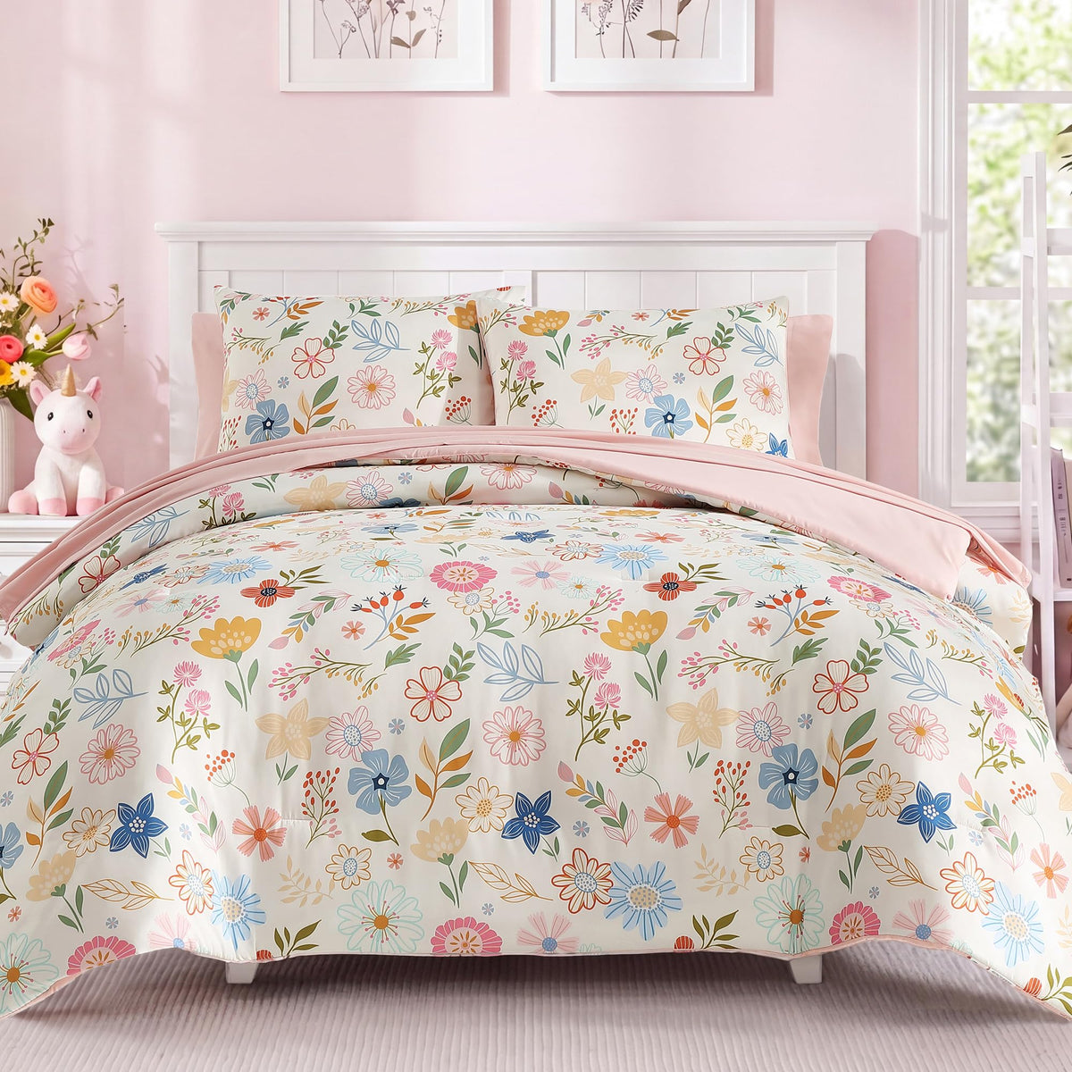 Twin Comforter Set for Girls - 5 Pieces Unicorn Bedding Twin Bed in a Bag