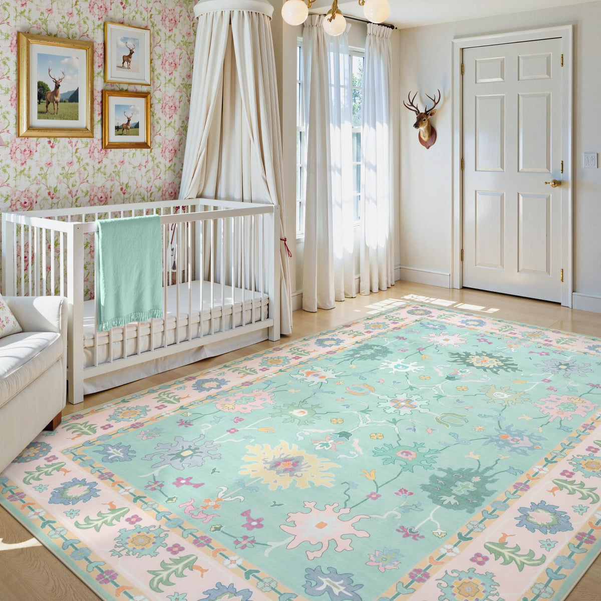 LIVEBOX Washable Oushak Rug Non Slip 8 x 10 Rugs for Living Room, Soft Turkish Rug for Bedroom, Boho Floral Mat Large Indoor Carprt for Kids Nursery, Dining Room, Home Office, Blue
