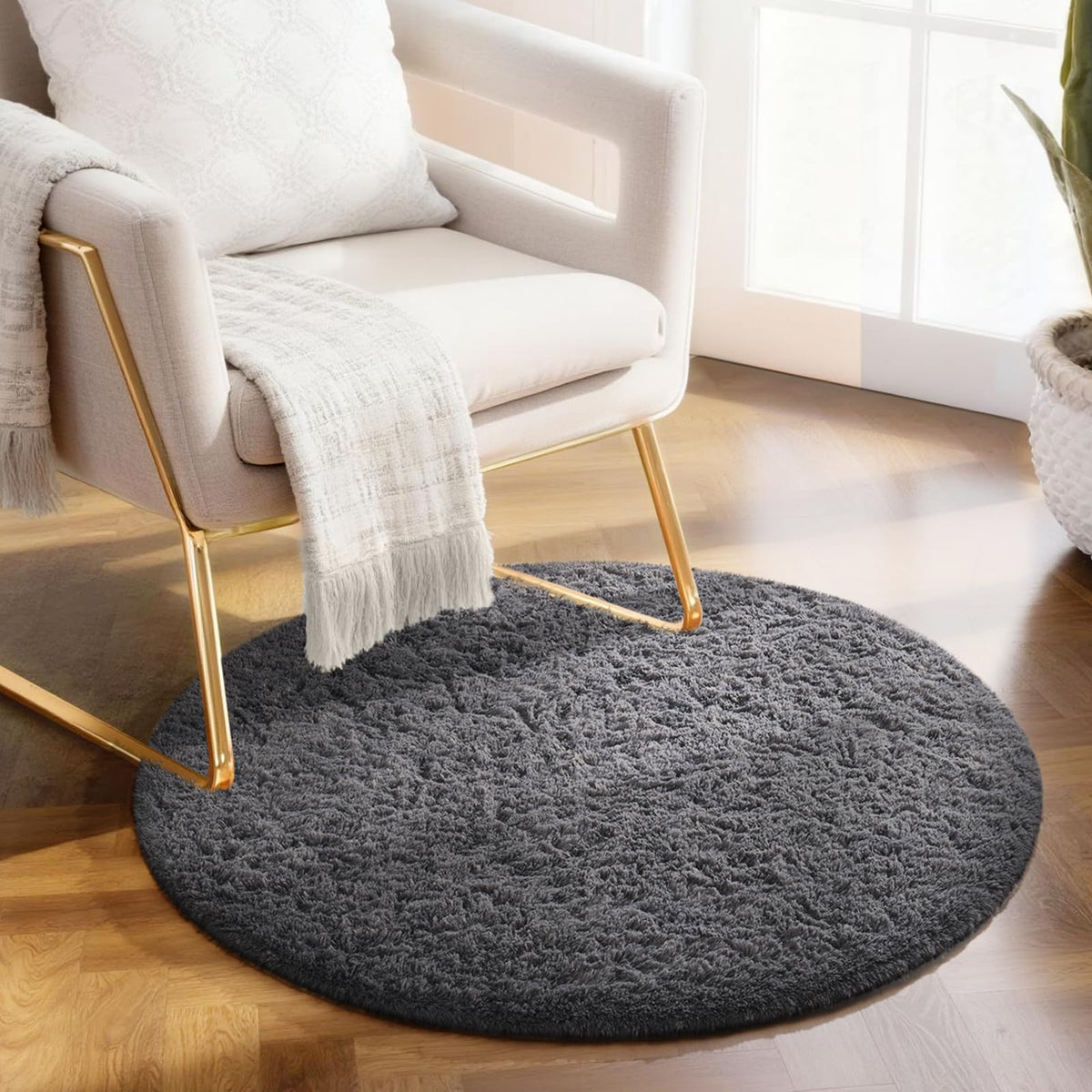 Ophanie Round Rugs 5Ft Ivory Circle Area Rug,Baby Nursery Living Room Bedroom Decor Circular Carpet 5 Foot,Fluffy Fuzzy Shag Plush Cream for Kids Boys Girls Teen with Over 99 pcs Pile fibers