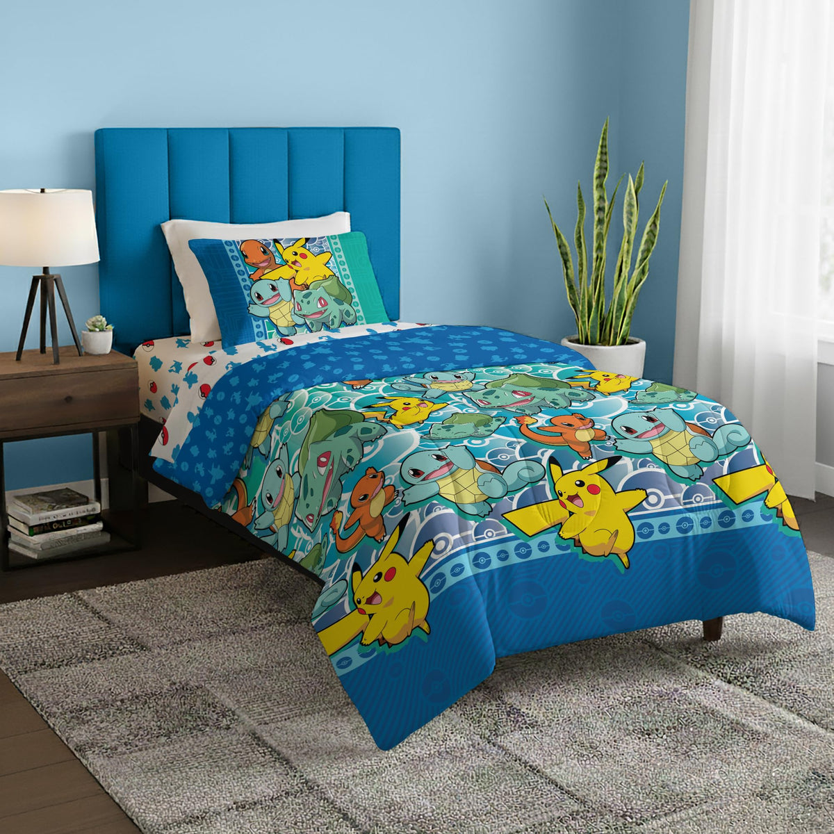 Northwest Pokemon First Starters Full Size Bed in a Bag Set, Pikachu Charmander Squirtle Bulbasaur, Kids Boys Girls Bedding Comforter Sheets