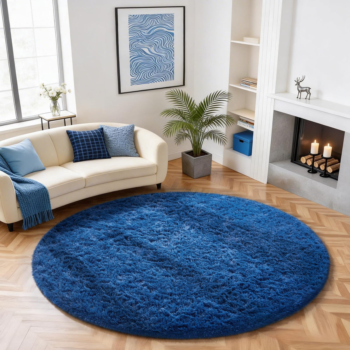 Ophanie Round Rugs 5Ft Ivory Circle Area Rug,Baby Nursery Living Room Bedroom Decor Circular Carpet 5 Foot,Fluffy Fuzzy Shag Plush Cream for Kids Boys Girls Teen with Over 99 pcs Pile fibers