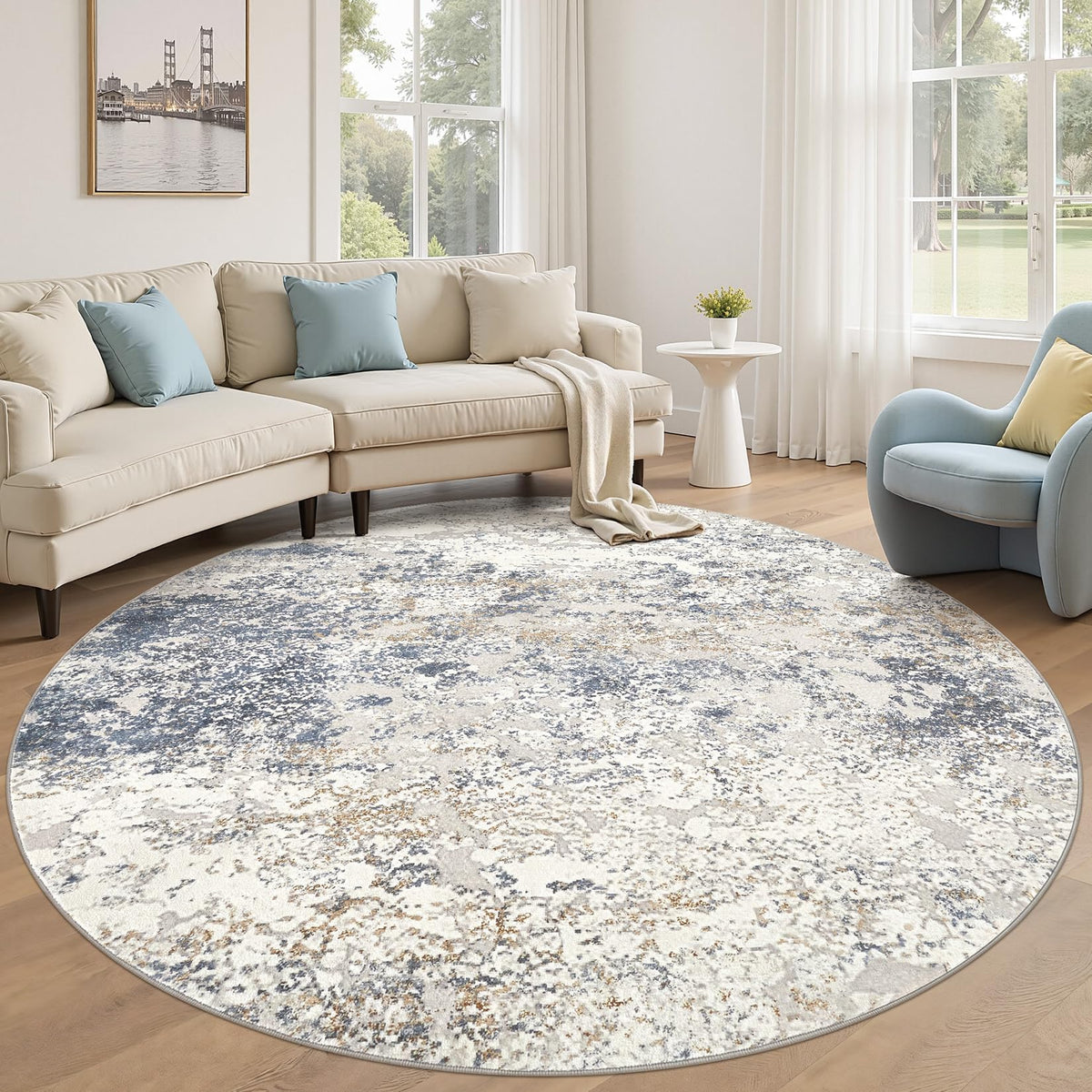 DMOYEST Area Rug Living Room Rugs 5x7 Washable Abstract Beige Blue Carpet