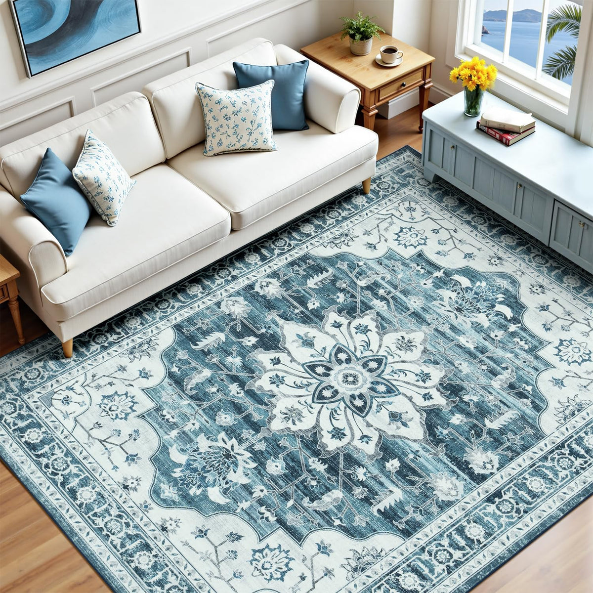 Sage Green 8x10 Area Rug for Living Room, Vintage Boho Large Carpet